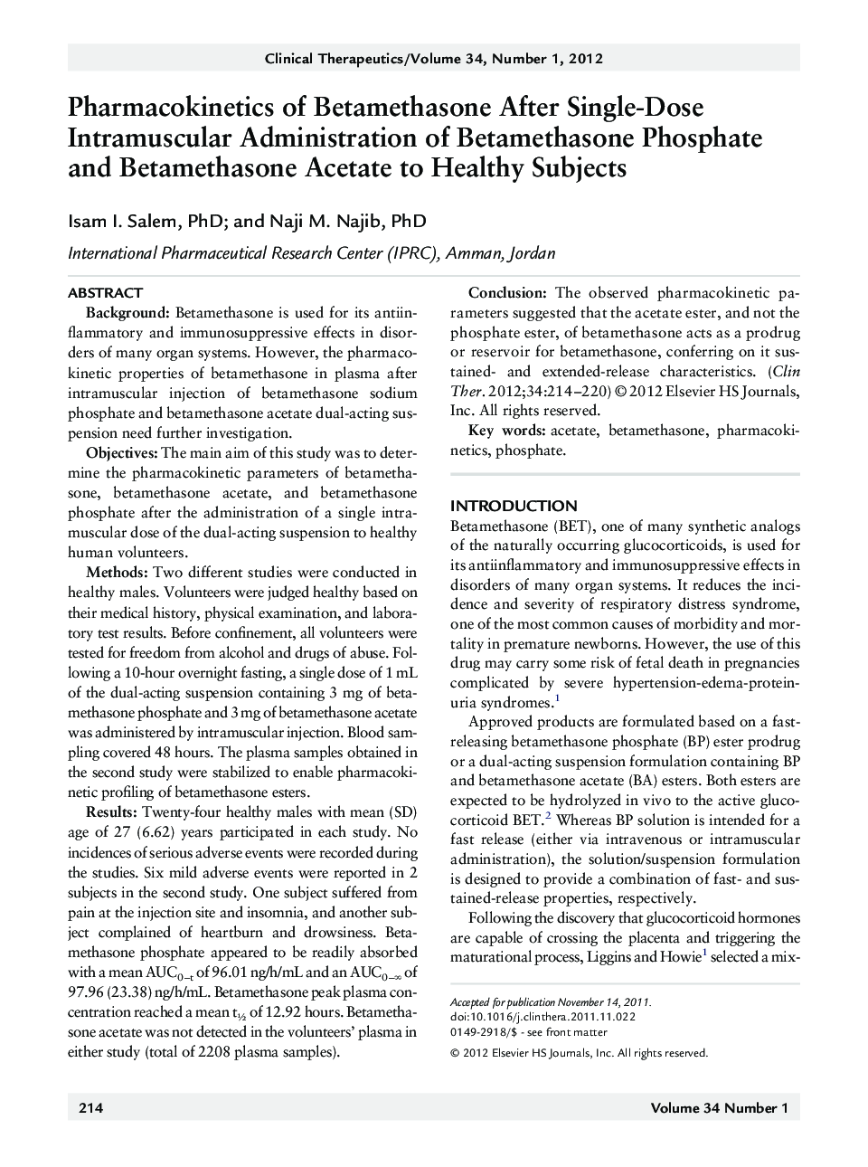 Pharmacokinetics of Betamethasone After Single-Dose Intramuscular Administration of Betamethasone Phosphate and Betamethasone Acetate to Healthy Subjects