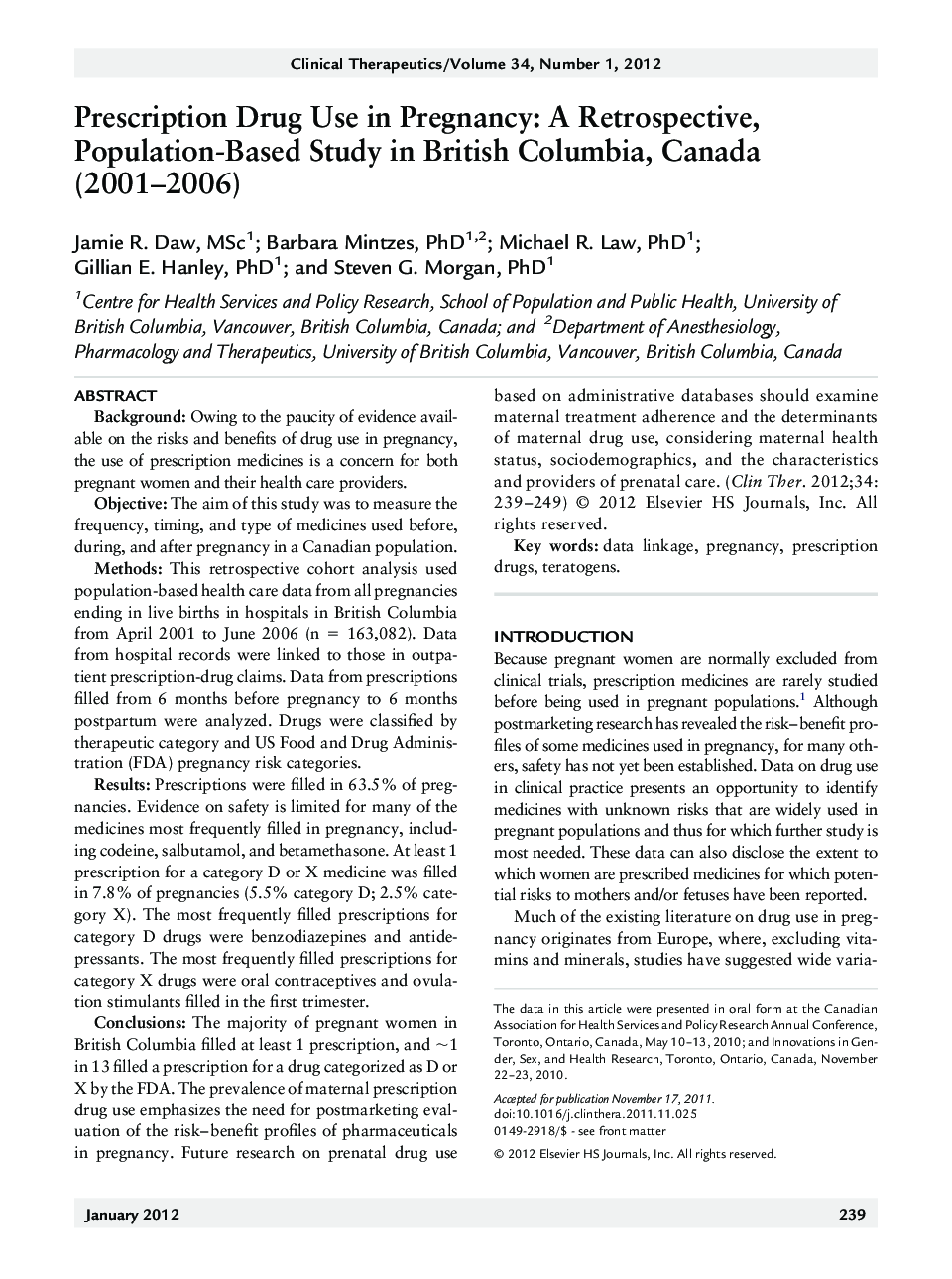 Prescription Drug Use in Pregnancy: A Retrospective, Population-Based Study in British Columbia, Canada (2001-2006)