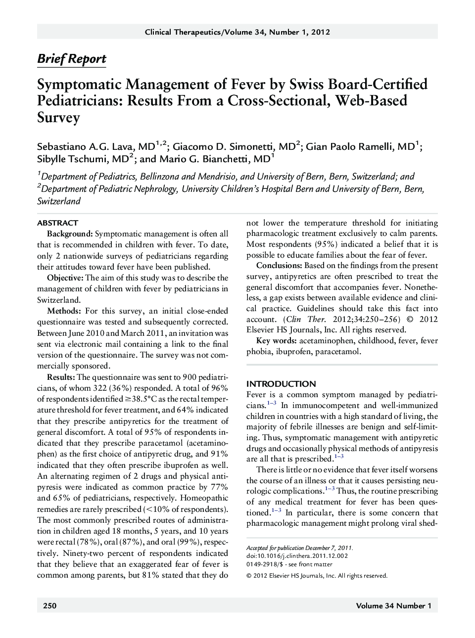 Symptomatic Management of Fever by Swiss Board-Certified Pediatricians: Results From a Cross-Sectional, Web-Based Survey