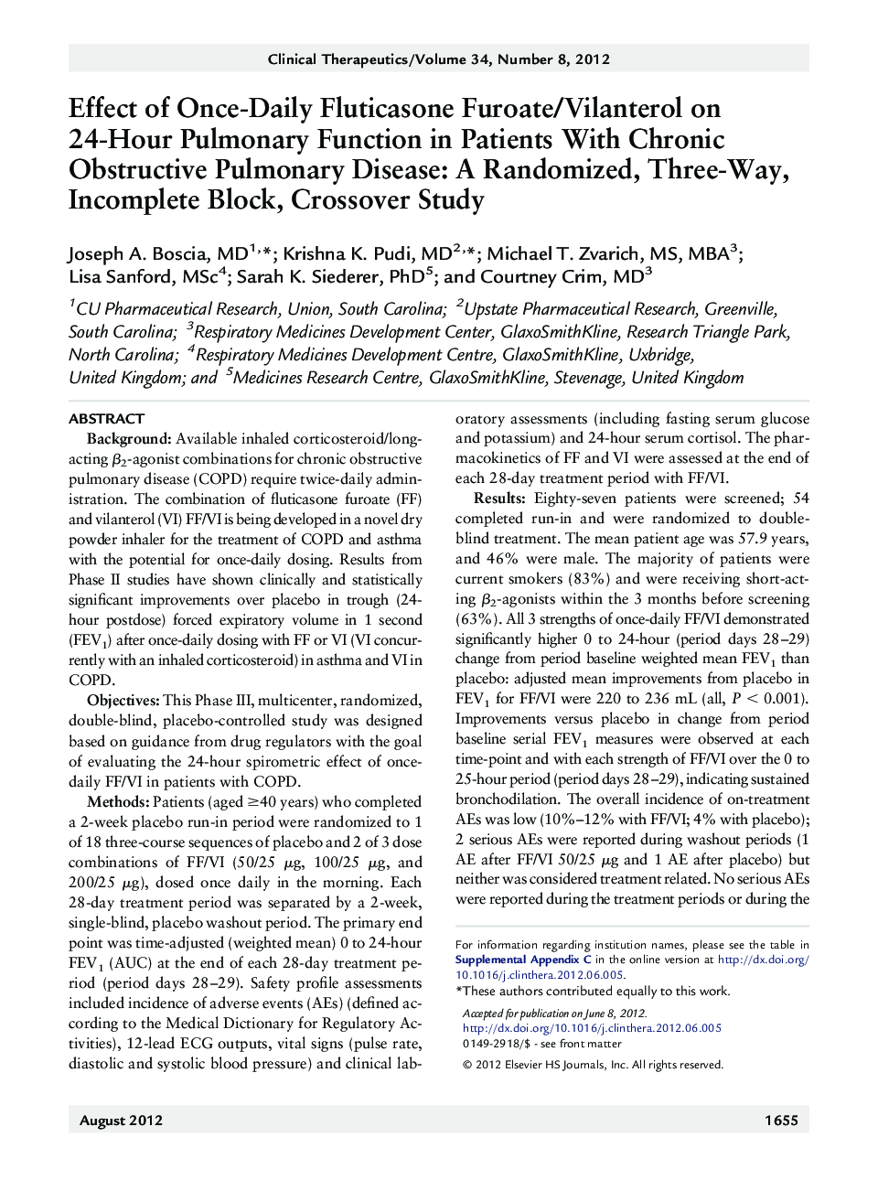 Effect of Once-Daily Fluticasone Furoate/Vilanterol on 24-Hour Pulmonary Function in Patients With Chronic Obstructive Pulmonary Disease: A Randomized, Three-Way, Incomplete Block, Crossover Study