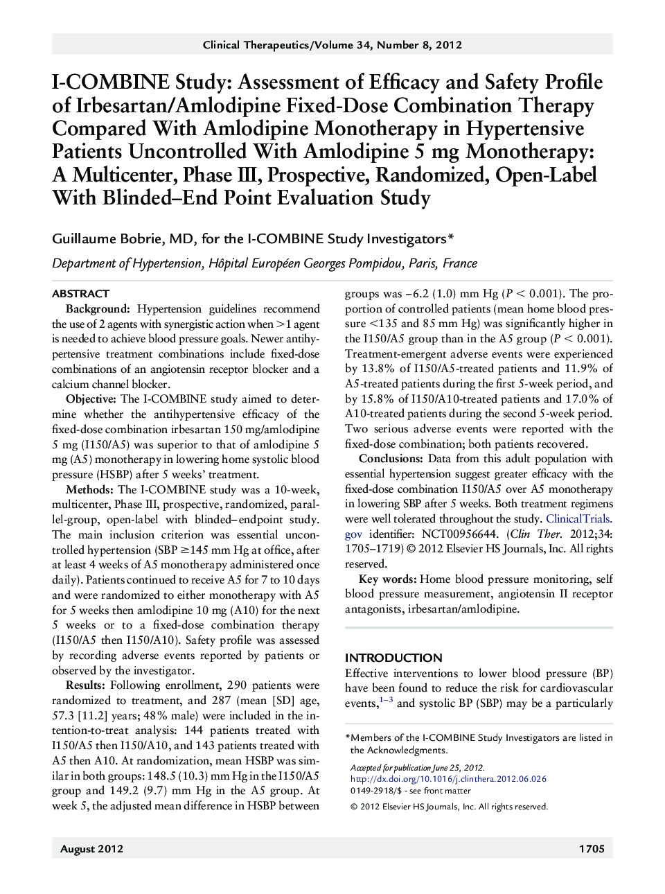 I-COMBINE Study: Assessment of Efficacy and Safety Profile of Irbesartan/Amlodipine Fixed-Dose Combination Therapy Compared With Amlodipine Monotherapy in Hypertensive Patients Uncontrolled With Amlodipine 5 mg Monotherapy: A Multicenter, Phase III, Prosp