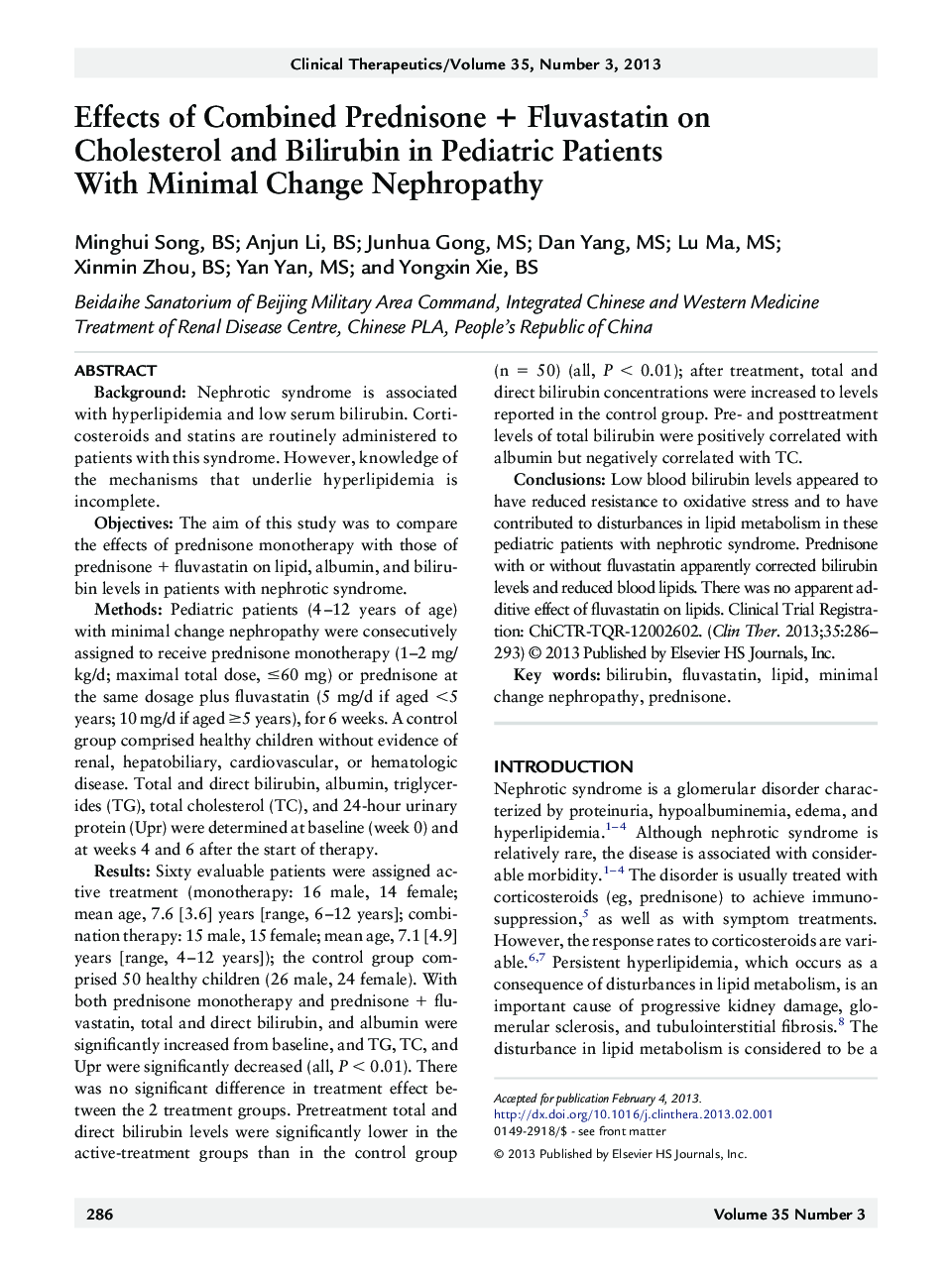 Effects of Combined Prednisone + Fluvastatin on Cholesterol and Bilirubin in Pediatric Patients With Minimal Change Nephropathy