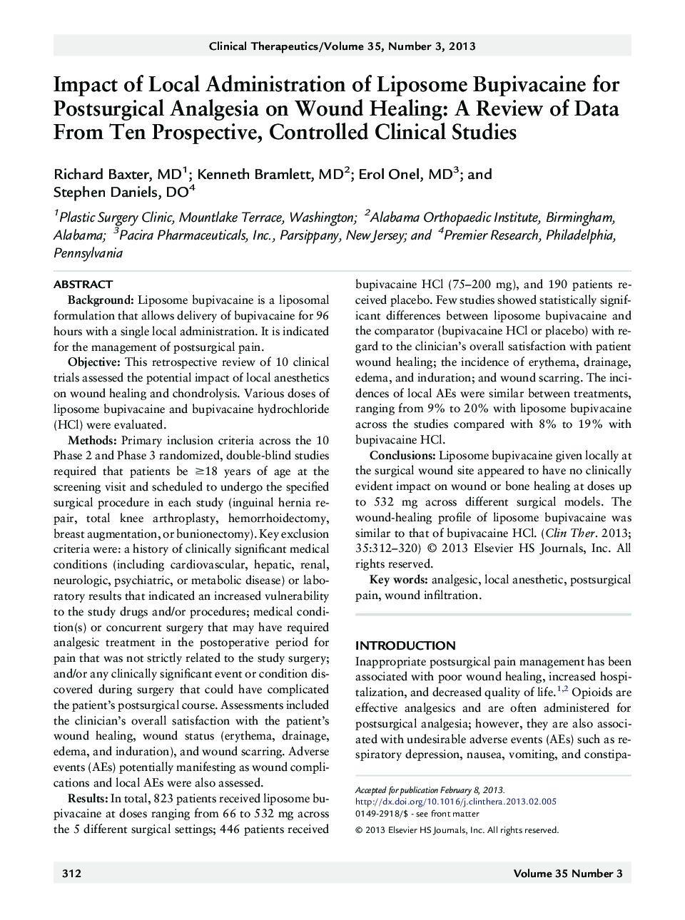 Impact of Local Administration of Liposome Bupivacaine for Postsurgical Analgesia on Wound Healing: A Review of Data From Ten Prospective, Controlled Clinical Studies