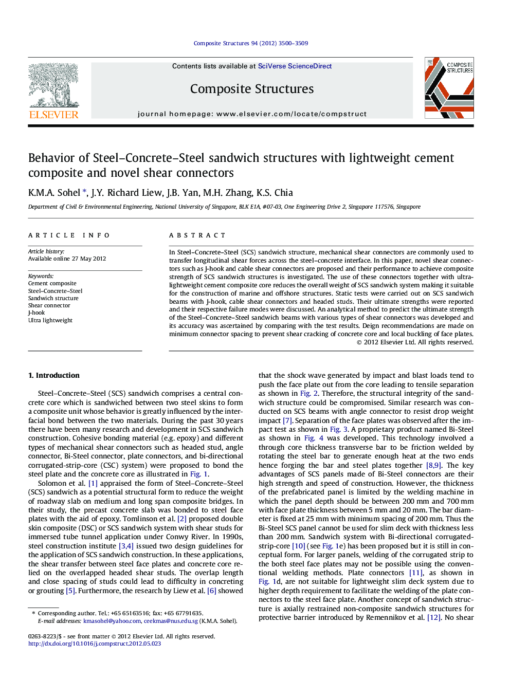 Behavior of Steel–Concrete–Steel sandwich structures with lightweight cement composite and novel shear connectors