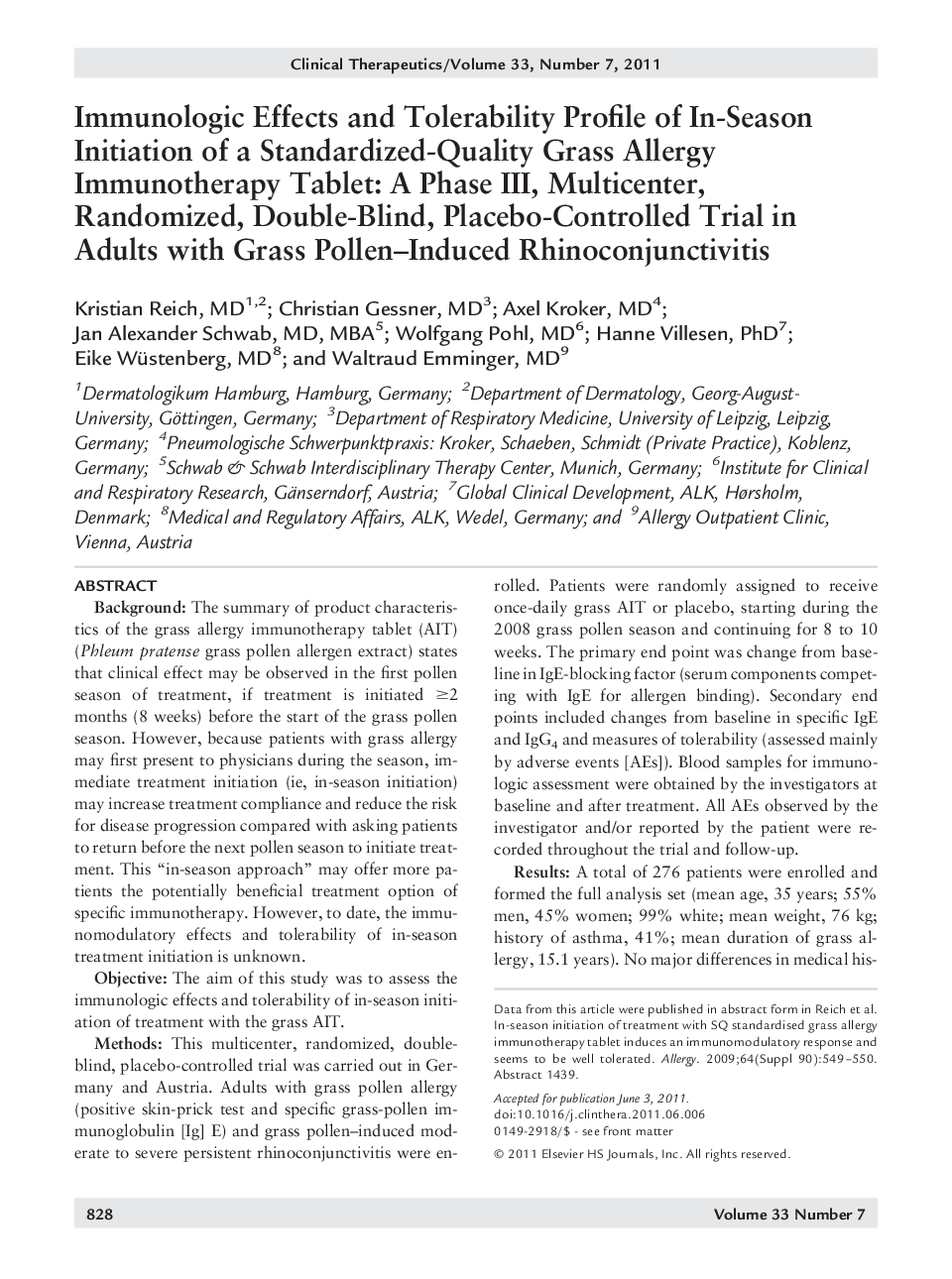 Immunologic Effects and Tolerability Profile of In-Season Initiation of a Standardized-Quality Grass Allergy Immunotherapy Tablet: A Phase III, Multicenter, Randomized, Double-Blind, Placebo-Controlled Trial in Adults with Grass Pollen–Induced Rhinoconjun