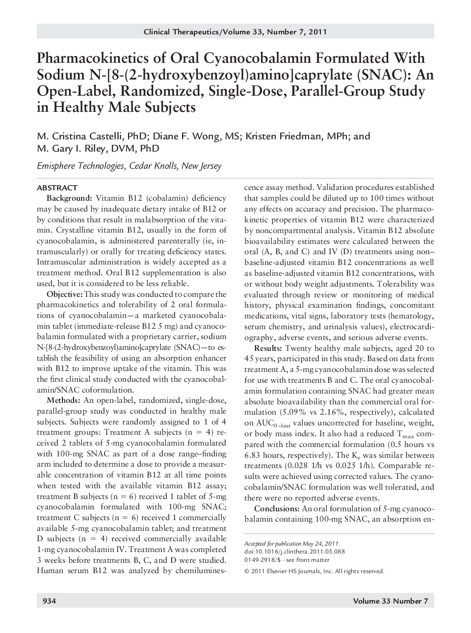 Pharmacokinetics of Oral Cyanocobalamin Formulated With Sodium N-[8-(2-hydroxybenzoyl)amino]caprylate (SNAC): An Open-Label, Randomized, Single-Dose, Parallel-Group Study in Healthy Male Subjects