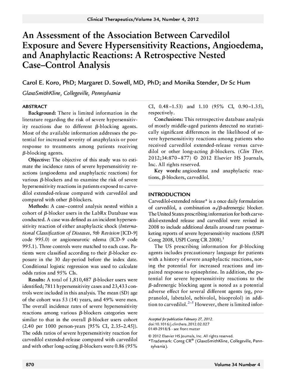 An Assessment of the Association Between Carvedilol Exposure and Severe Hypersensitivity Reactions, Angioedema, and Anaphylactic Reactions: A Retrospective Nested Case–Control Analysis