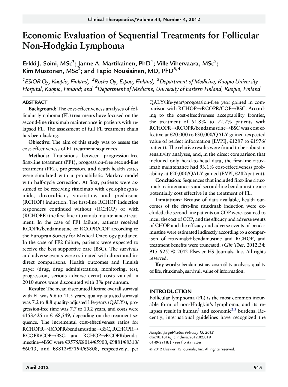 Economic Evaluation of Sequential Treatments for Follicular Non-Hodgkin Lymphoma