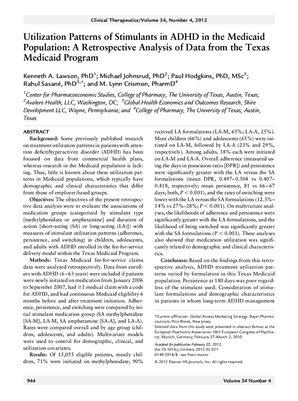 Utilization Patterns of Stimulants in ADHD in the Medicaid Population: A Retrospective Analysis of Data from the Texas Medicaid Program