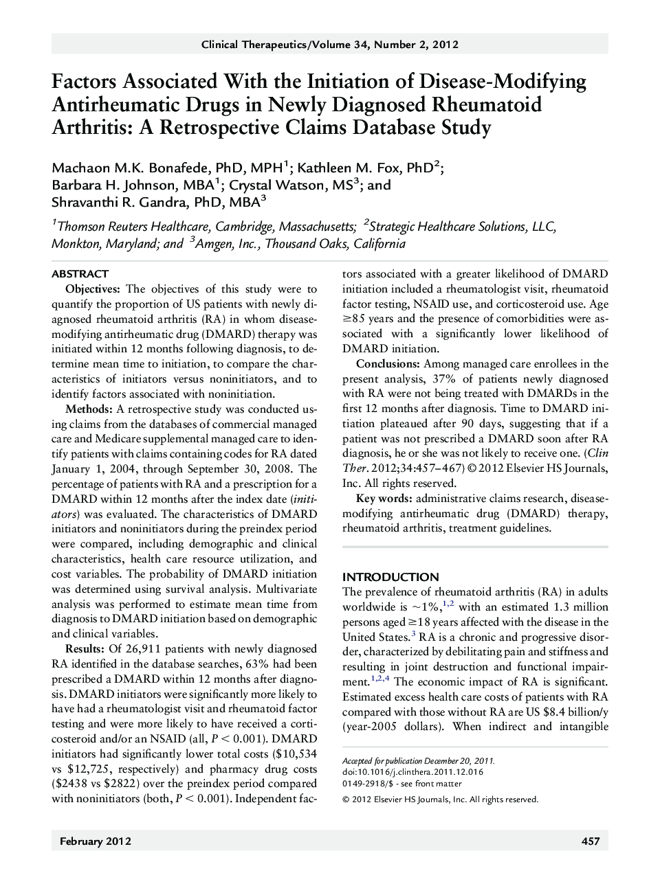 Factors Associated With the Initiation of Disease-Modifying Antirheumatic Drugs in Newly Diagnosed Rheumatoid Arthritis: A Retrospective Claims Database Study