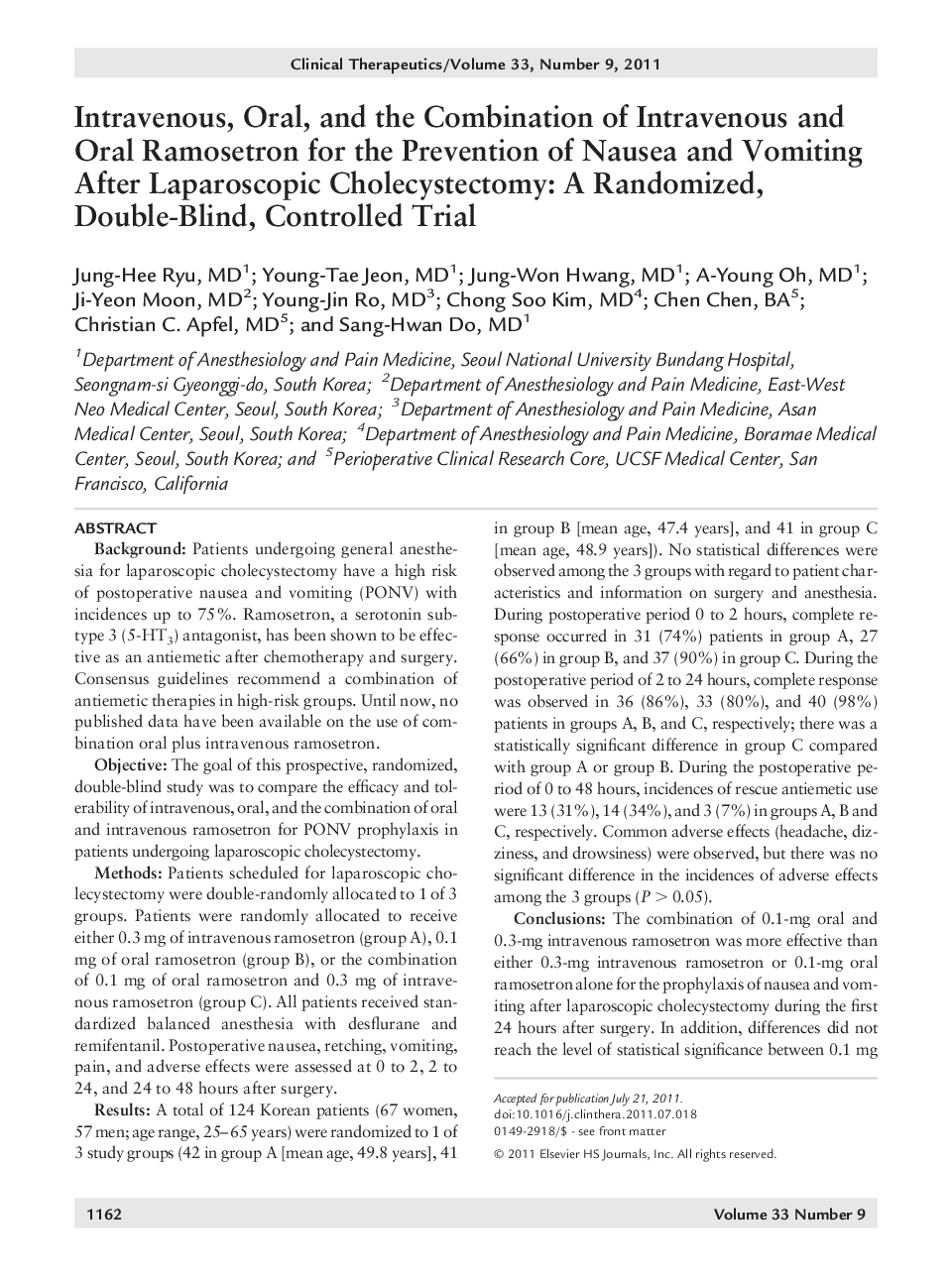 Intravenous, Oral, and the Combination of Intravenous and Oral Ramosetron for the Prevention of Nausea and Vomiting After Laparoscopic Cholecystectomy: A Randomized, Double-Blind, Controlled Trial