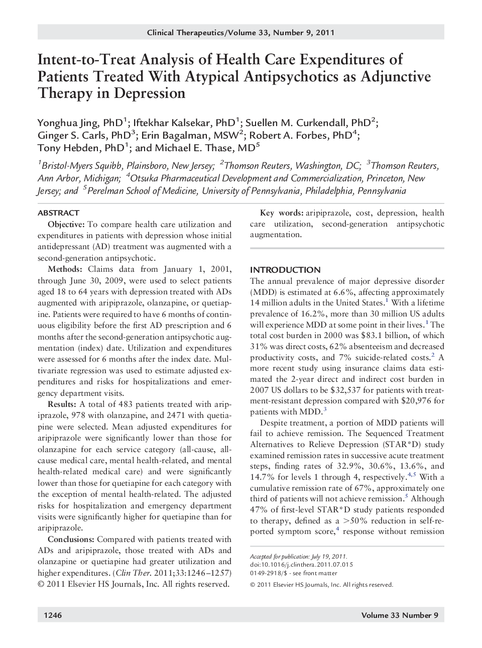 Intent-to-Treat Analysis of Health Care Expenditures of Patients Treated With Atypical Antipsychotics as Adjunctive Therapy in Depression