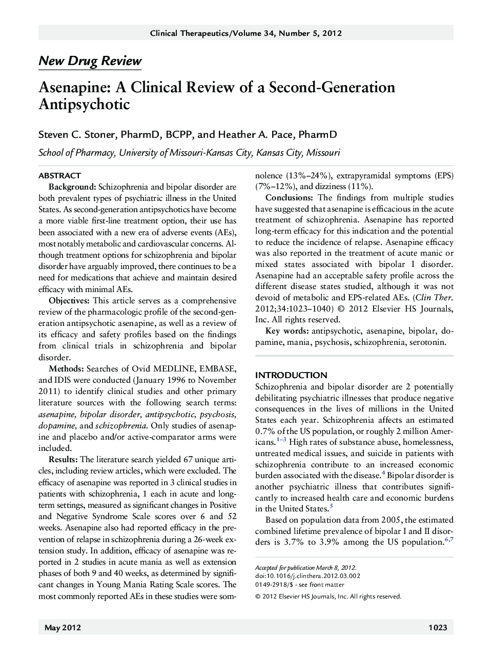 Asenapine: A Clinical Review of a Second-Generation Antipsychotic