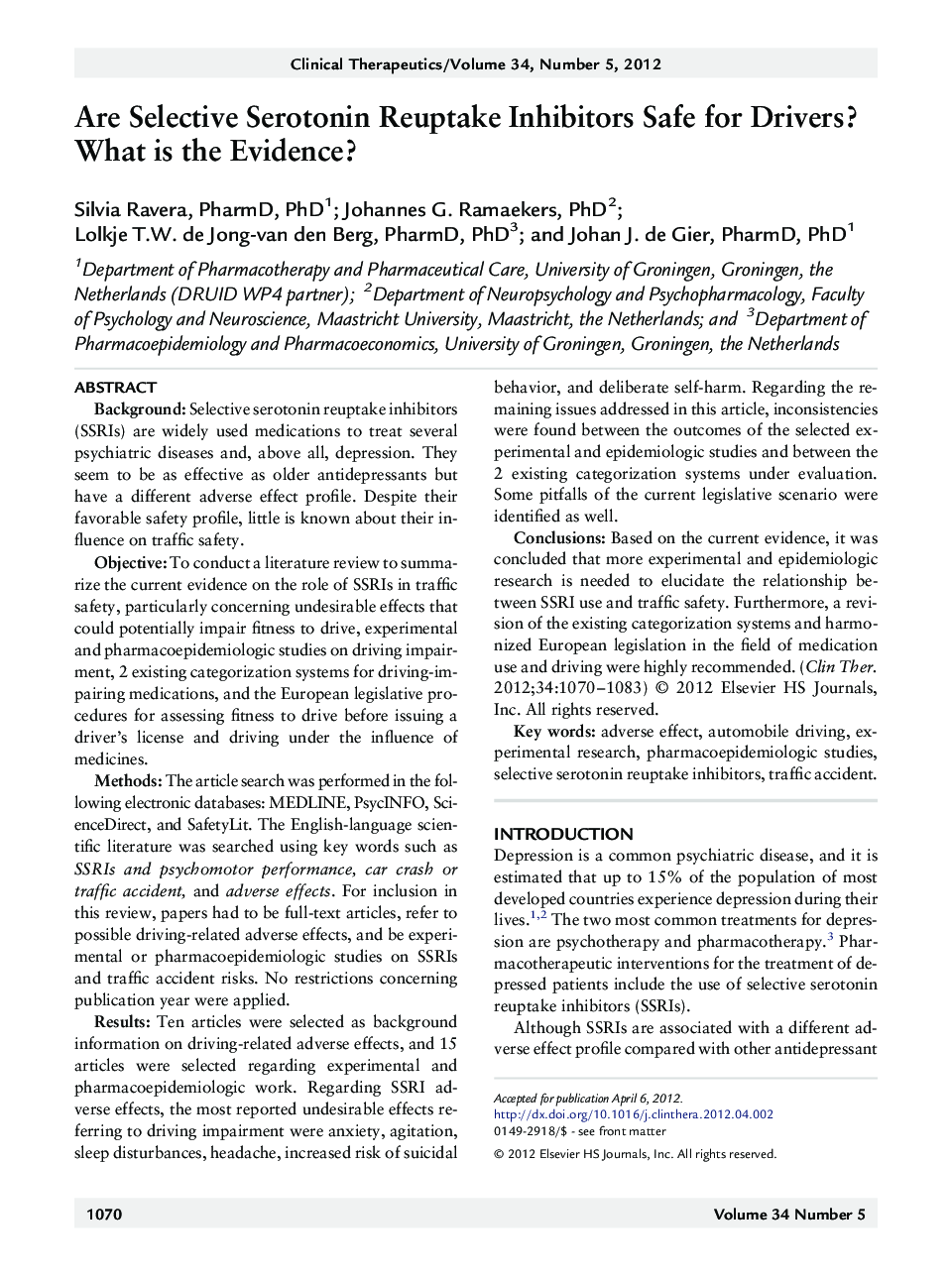 Are Selective Serotonin Reuptake Inhibitors Safe for Drivers? What is the Evidence?