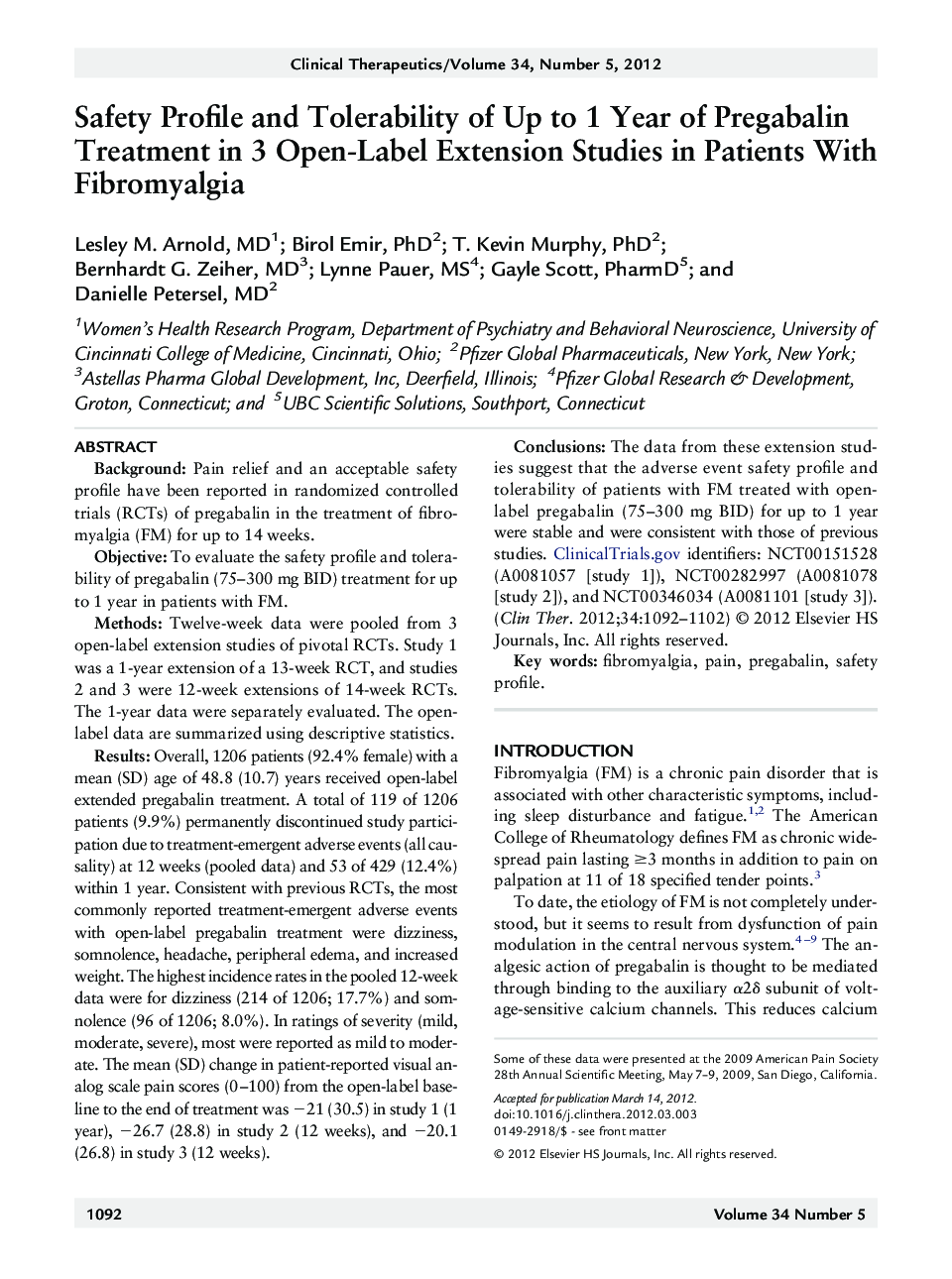 Safety Profile and Tolerability of Up to 1 Year of Pregabalin Treatment in 3 Open-Label Extension Studies in Patients With Fibromyalgia