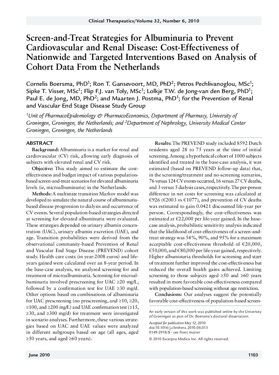 Screen-and-treat strategies for albuminuria to prevent cardiovascular and renal disease: Cost-effectiveness of nationwide and targeted interventions based on analysis of cohort data from the Netherlands *