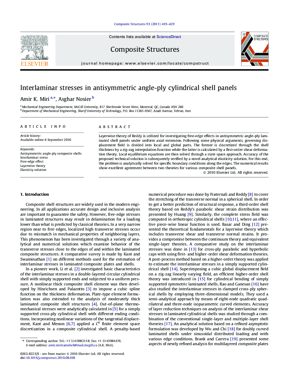 Interlaminar stresses in antisymmetric angle-ply cylindrical shell panels