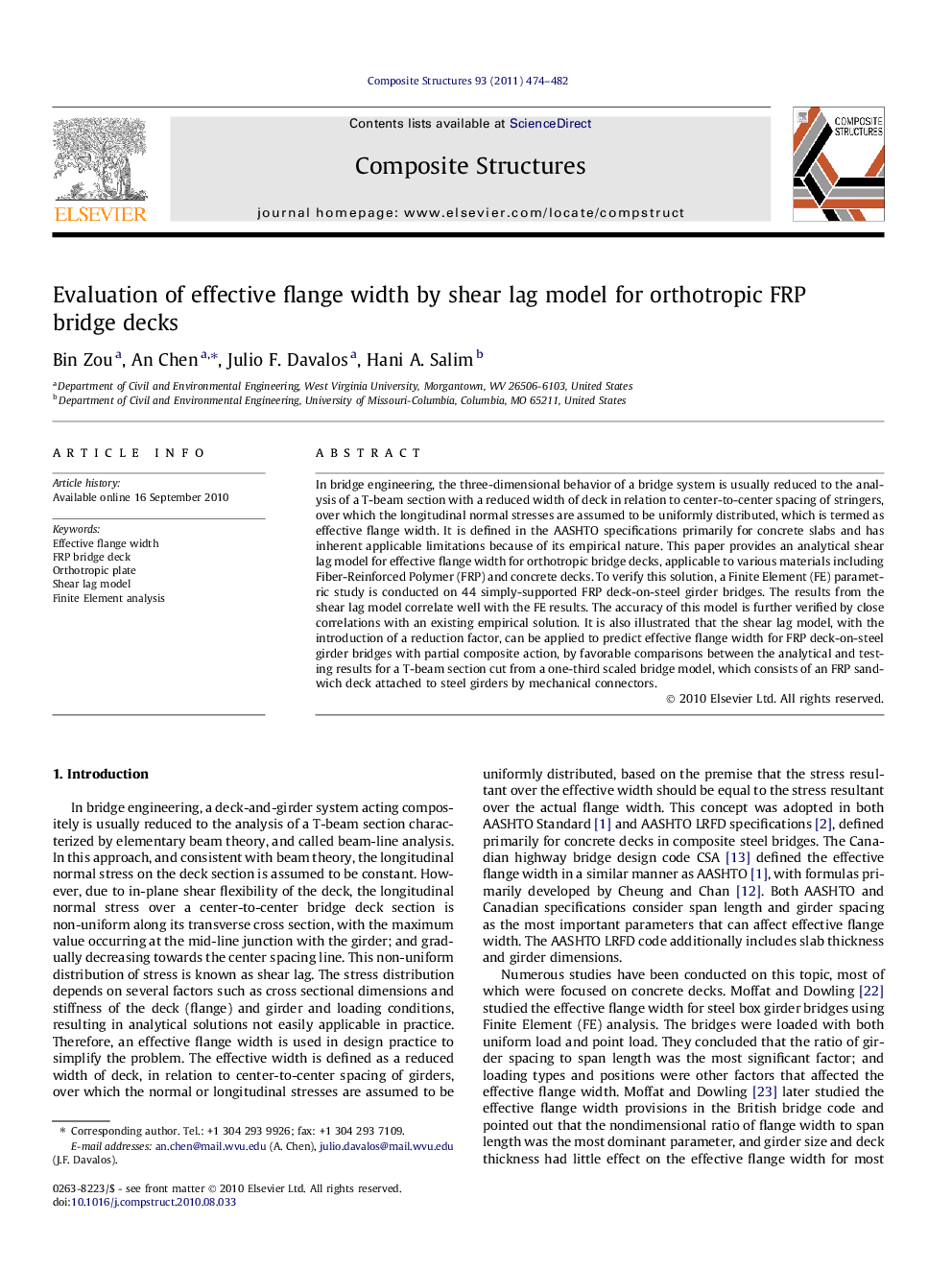 Evaluation of effective flange width by shear lag model for orthotropic FRP bridge decks