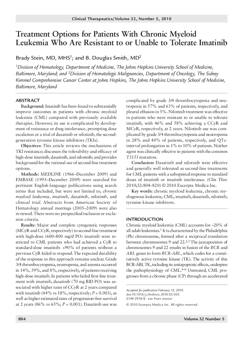 Treatment options for patients with chronic myeloid leukemia who are resistant to or unable to tolerate imatinib