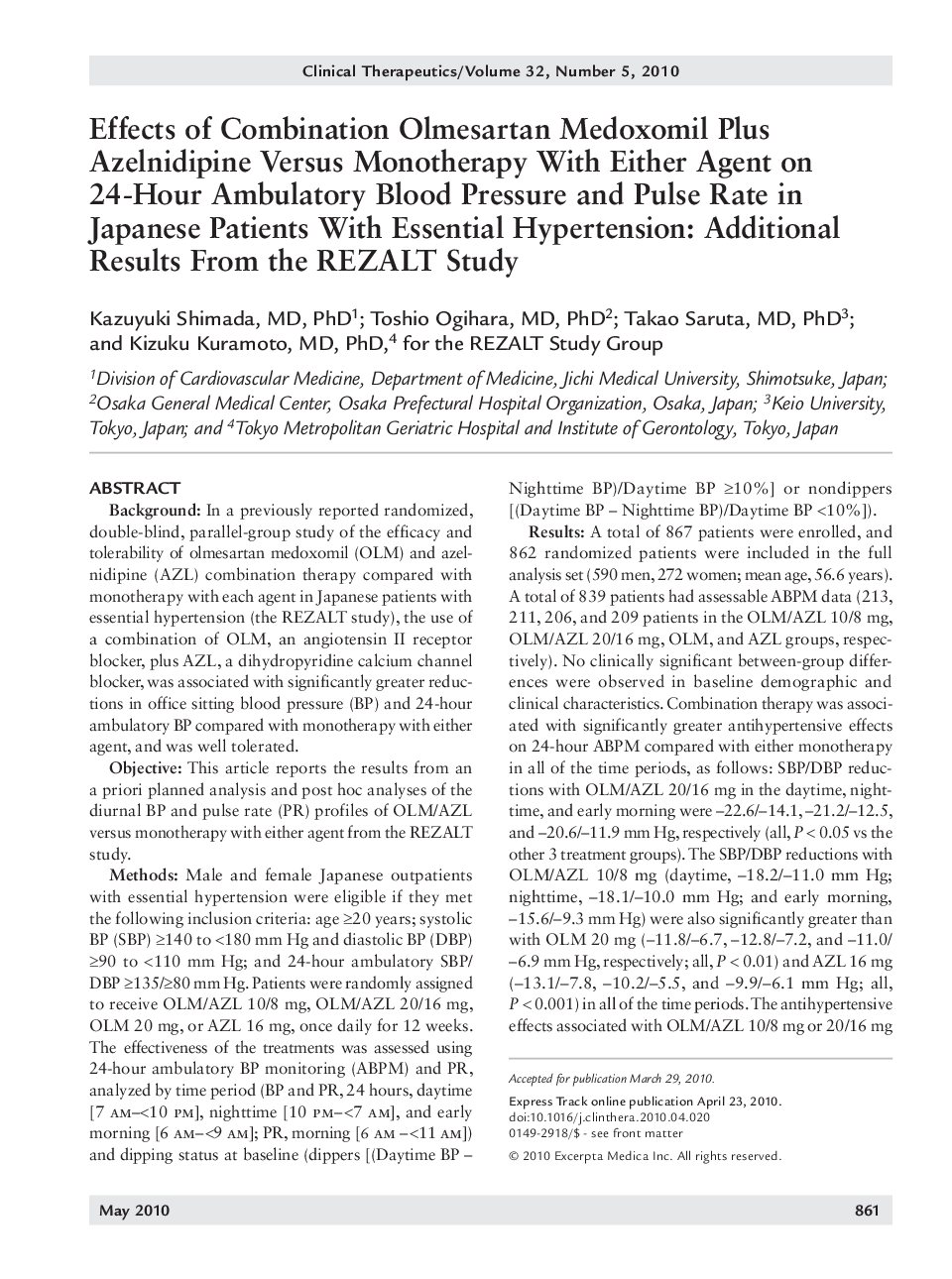 Effects of combination olmesartan medoxomil plus azelnidipine versus monotherapy with either agent on 24-hour ambulatory blood pressure and pulse rate in japanese patients with essential hypertension: Additional results from the REZALT study