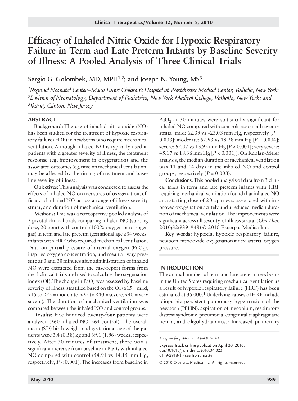 Efficacy of inhaled nitric oxide for hypoxic respiratory failure in term and late preterm infants by baseline severity of illness: A pooled analysis of three clinical trials