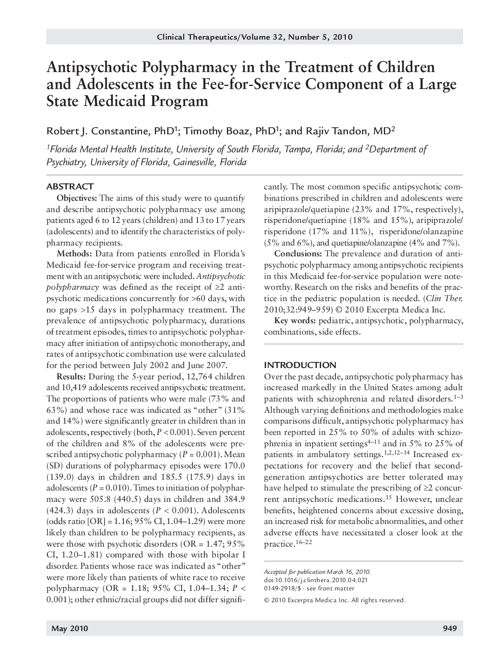 Antipsychotic polypharmacy in the treatment of children and adolescents in the fee-for-service component of a large state medicaid program