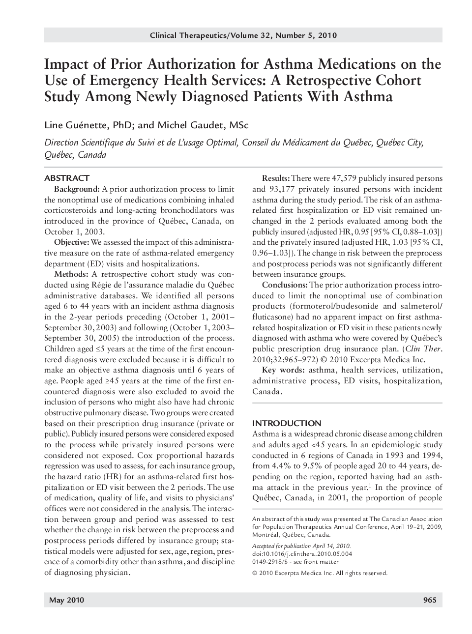 Impact of prior authorization for asthma medications on the use of emergency health services: A retrospective cohort study among newly diagnosed patients with asthma