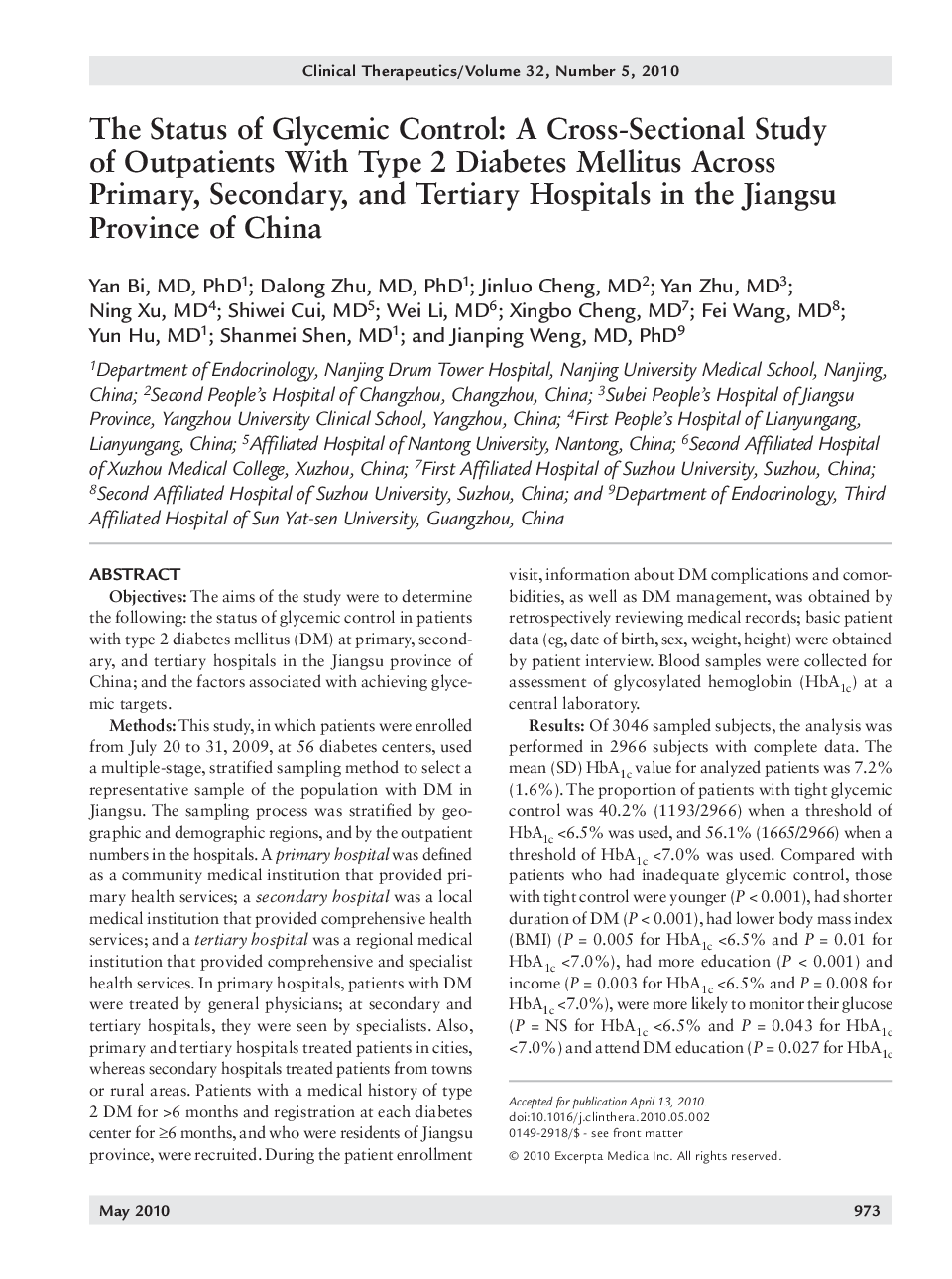 The status of glycemic control: A cross-sectional study of outpatients with type 2 diabetes mellitus across primary, secondary, and tertiary hospitals in the jiangsu province of China