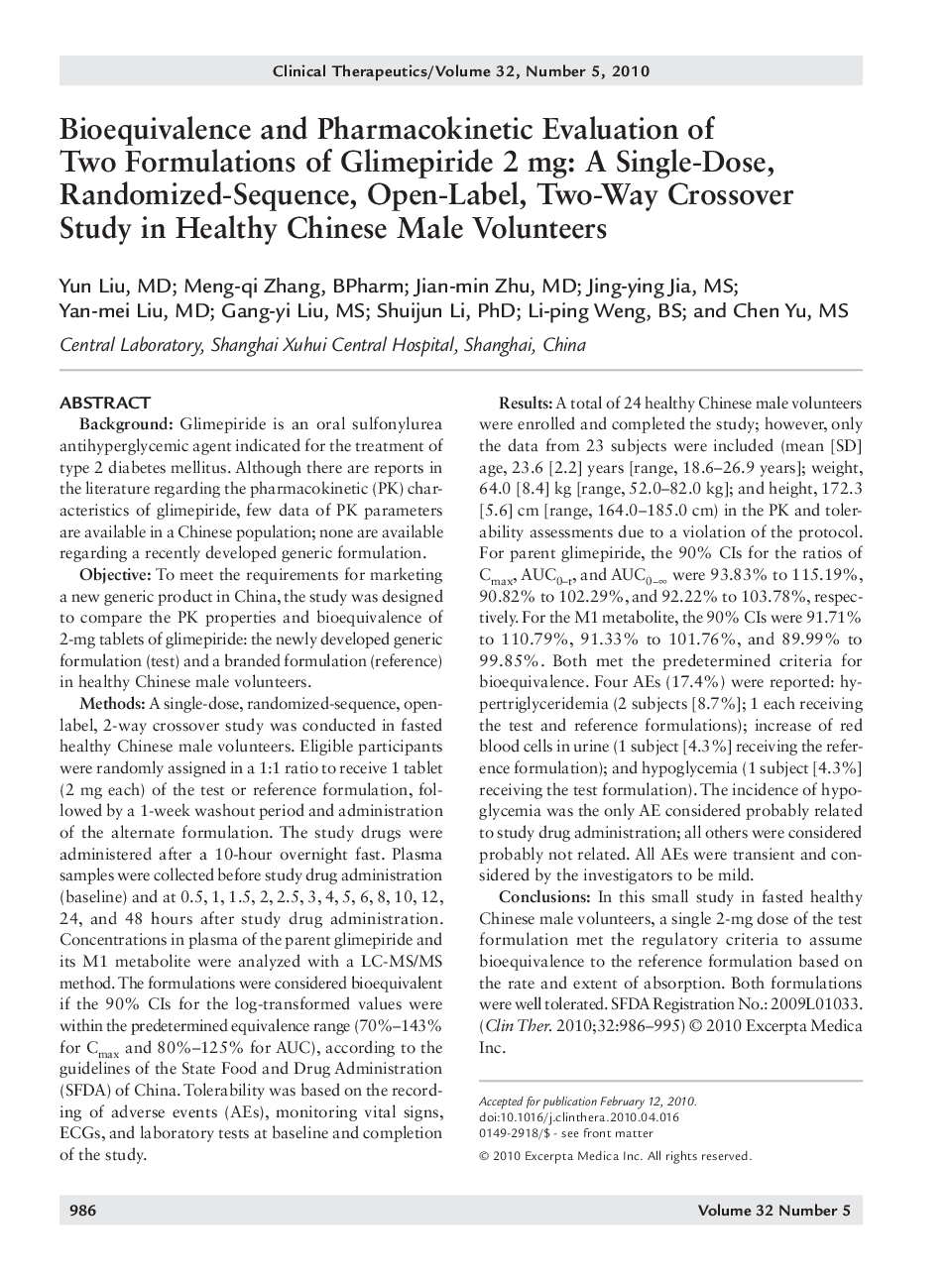 Bioequivalence and pharmacokinetic evaluation of two formulations of glimepiride 2 mg: A single-dose, randomized-sequence, open-label, two-way crossover study in healthy chinese male volunteers