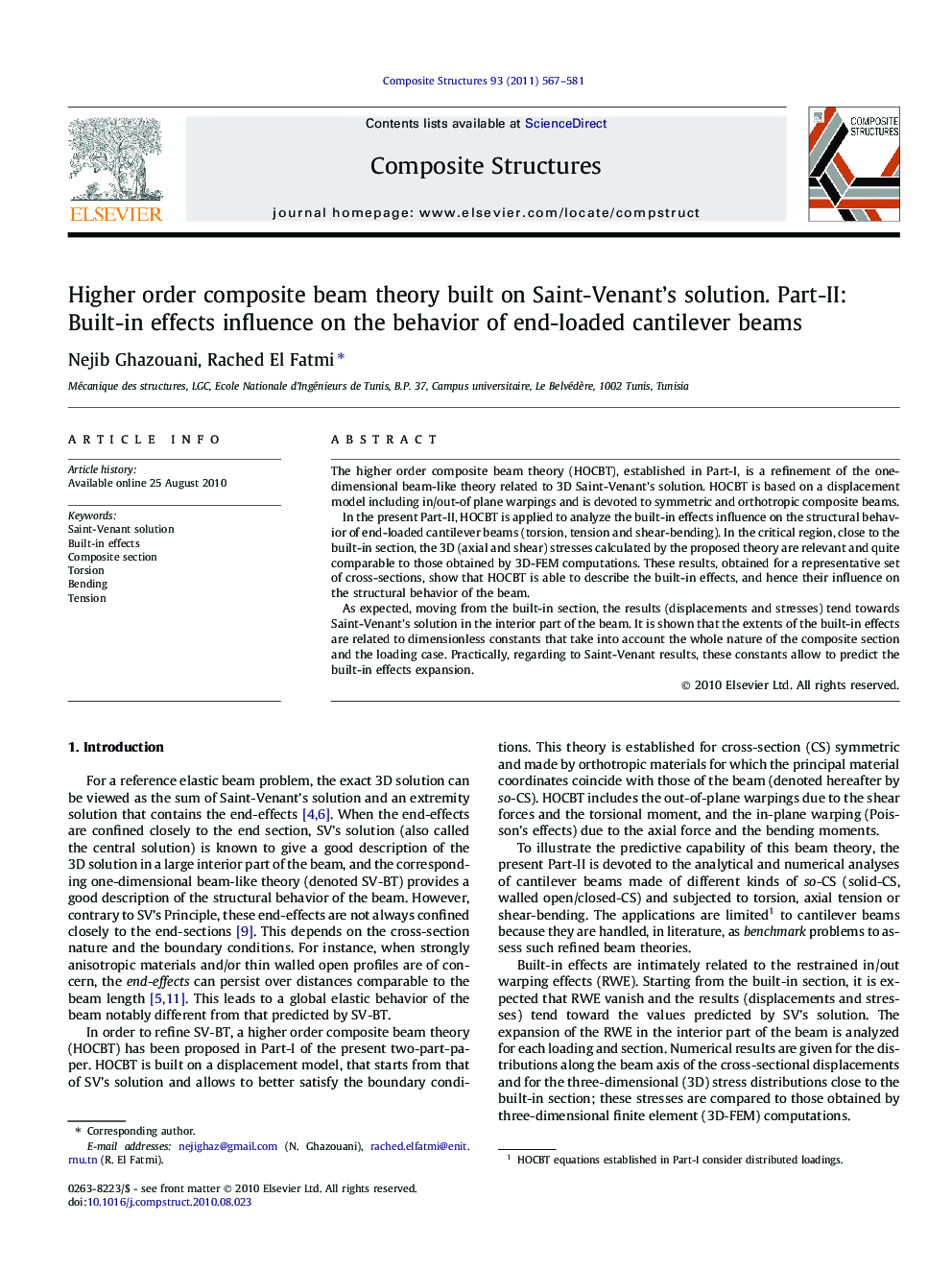 Higher order composite beam theory built on Saint-Venant’s solution. Part-II: Built-in effects influence on the behavior of end-loaded cantilever beams