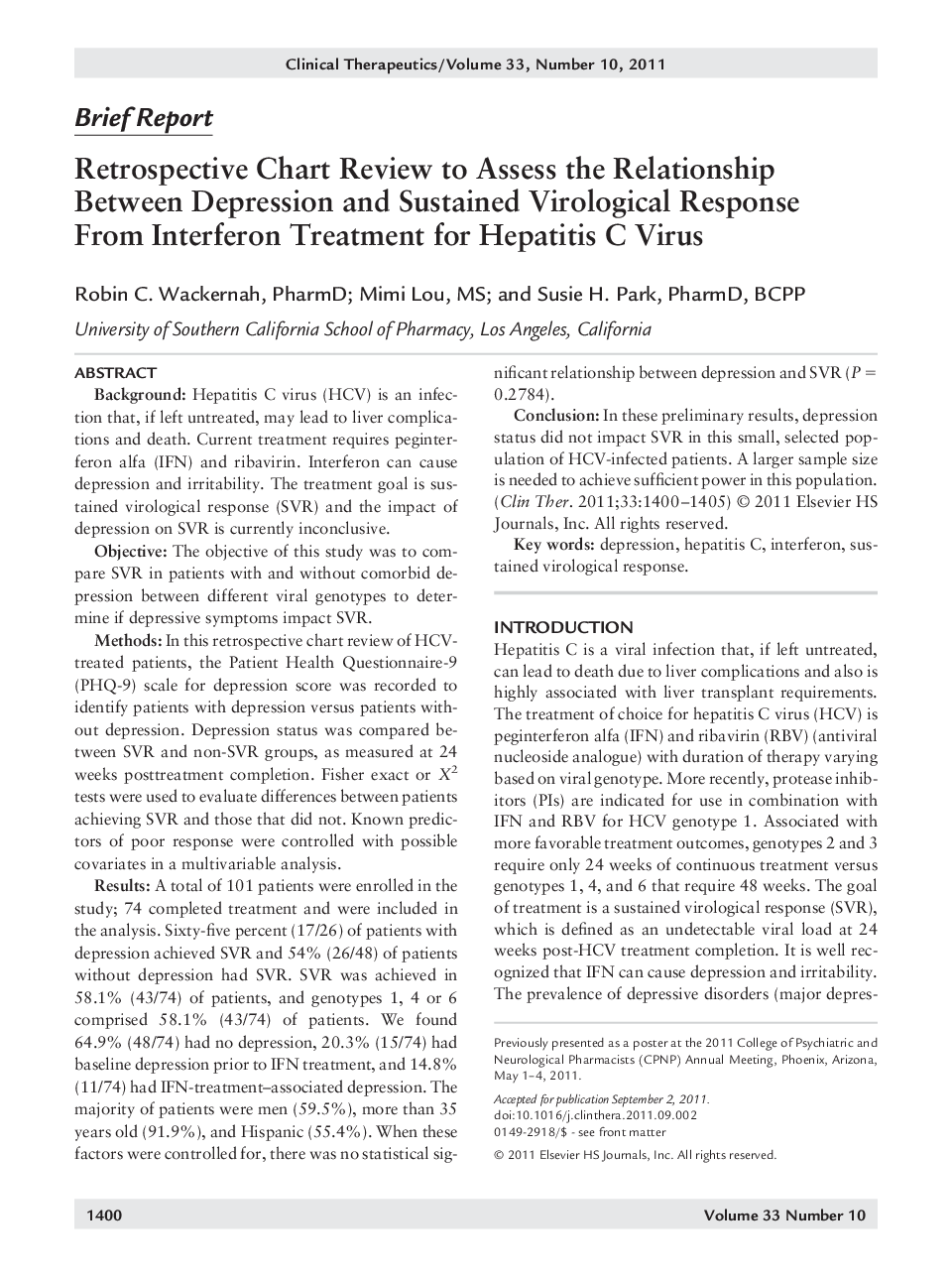 Retrospective Chart Review to Assess the Relationship Between Depression and Sustained Virological Response From Interferon Treatment for Hepatitis C Virus