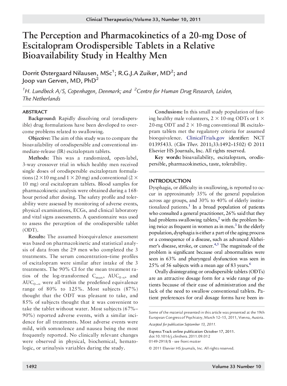 The Perception and Pharmacokinetics of a 20-mg Dose of Escitalopram Orodispersible Tablets in a Relative Bioavailability Study in Healthy Men 