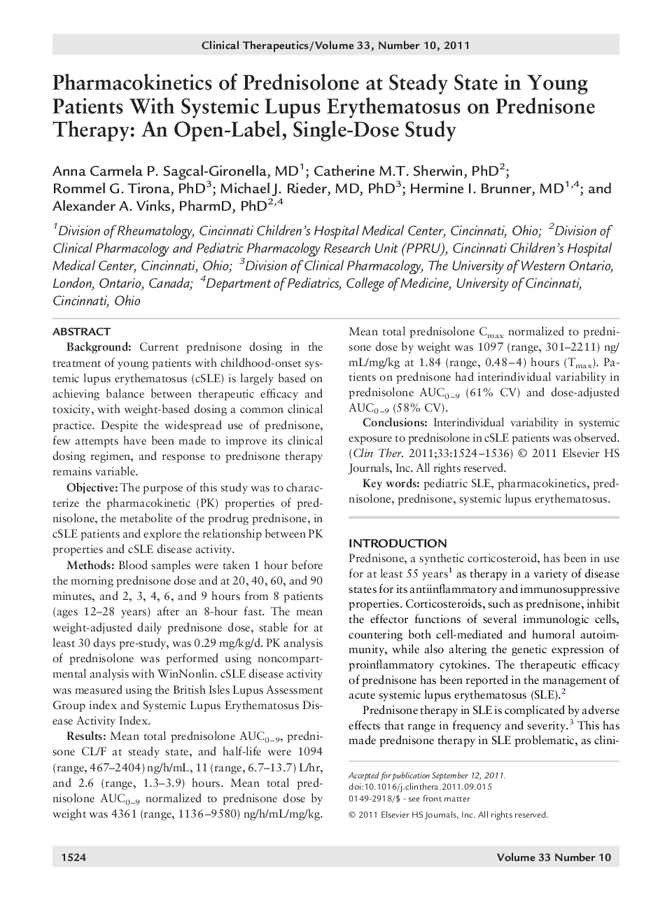 Pharmacokinetics of Prednisolone at Steady State in Young Patients With Systemic Lupus Erythematosus on Prednisone Therapy: An Open-Label, Single-Dose Study