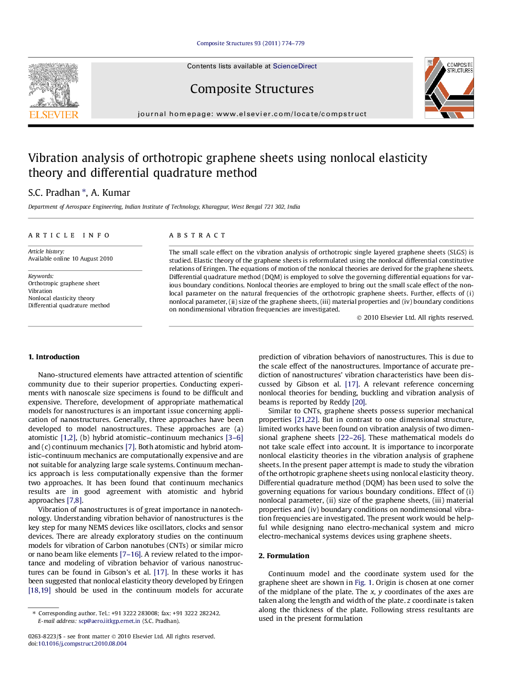 Vibration analysis of orthotropic graphene sheets using nonlocal elasticity theory and differential quadrature method