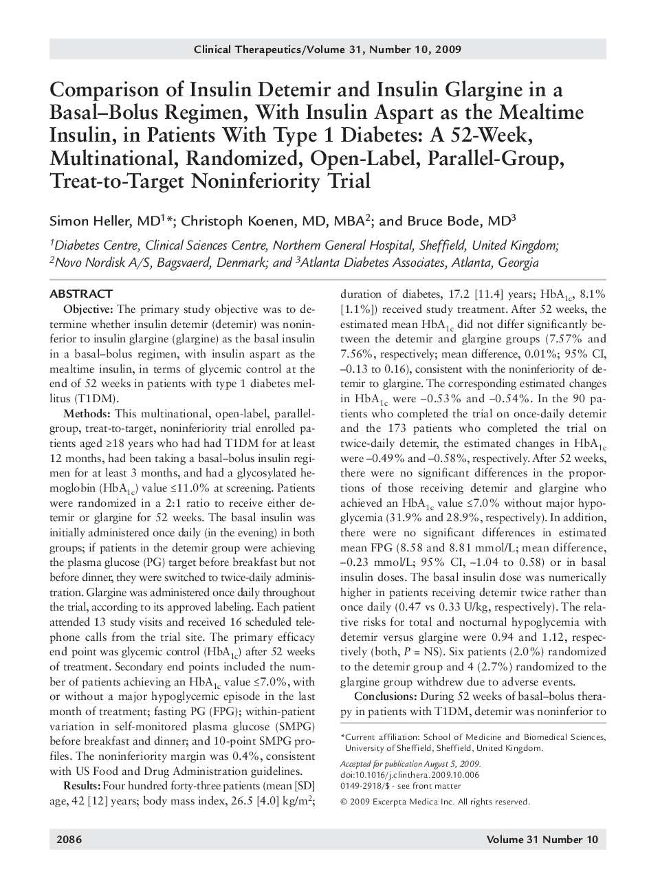 Comparison of insulin detemir and insulin glargine in a basal—bolus regimen, with insulin aspart as the mealtime insulin, in patients with type 1 diabetes: A 52-week, multinational, randomized, open-label, parallel-group, Treat-to-Target noninferiority tr