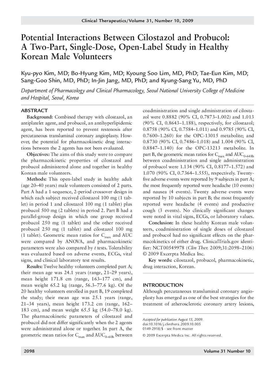 Potential interactions between cilostazol and probucol: A two-part, single-dose, open-label study in healthy Korean male volunteers