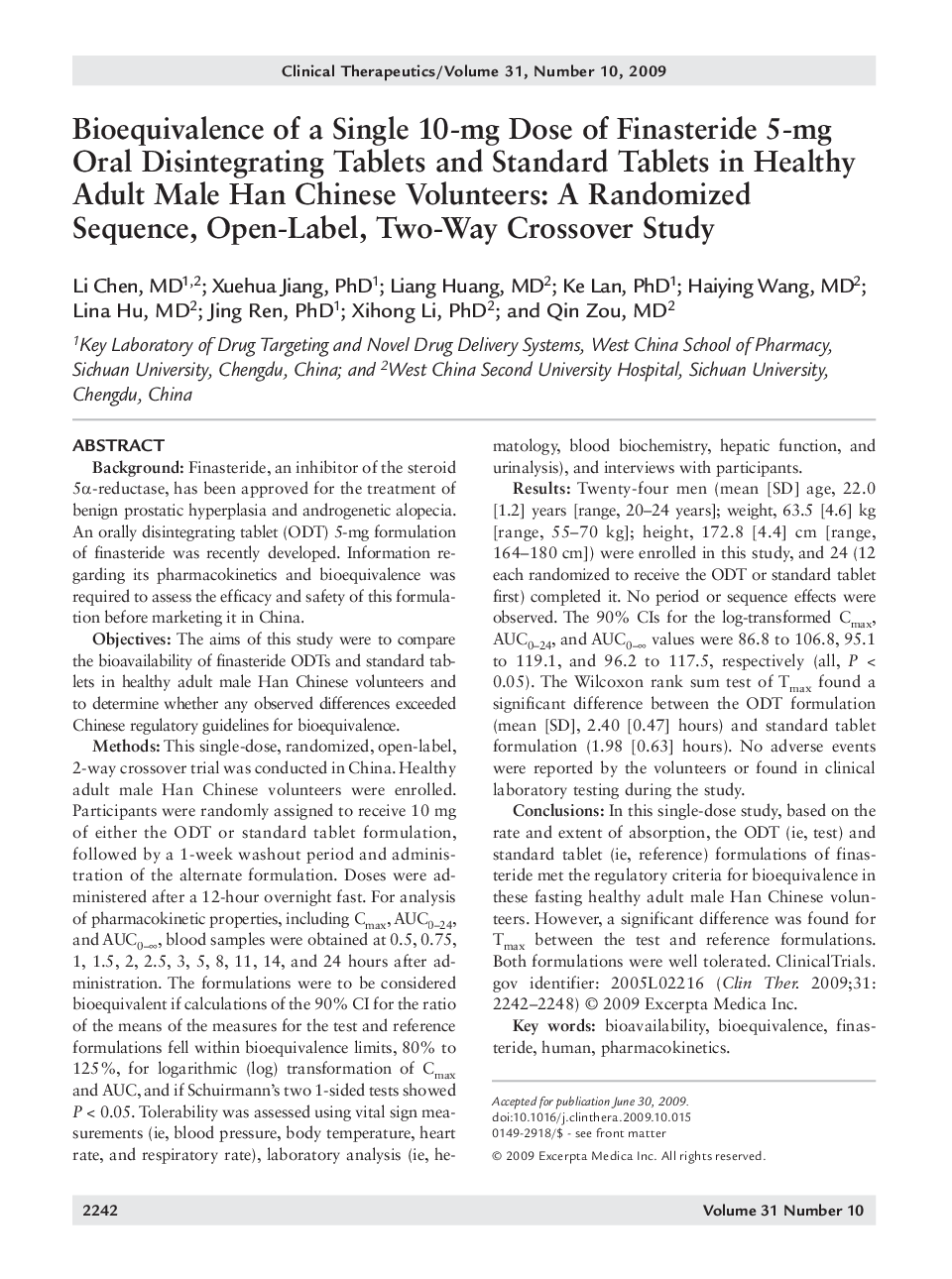 Bioequivalence of a single 10-mg dose of finasteride 5-mg oral disintegrating tablets and standard tablets in healthy adult male Han Chinese volunteers: A randomized sequence, open-label, two-way crossover study