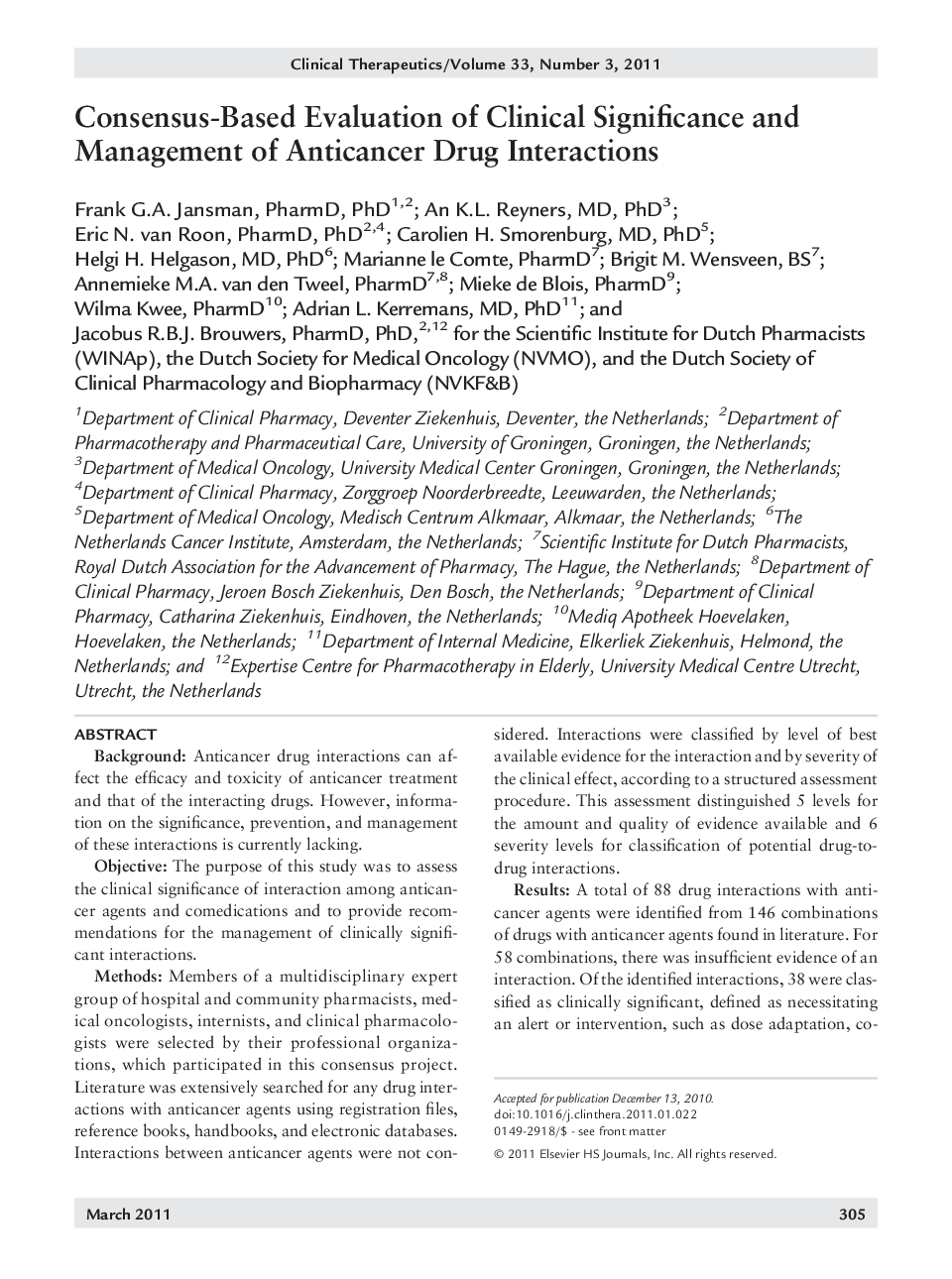 Consensus-Based Evaluation of Clinical Significance and Management of Anticancer Drug Interactions