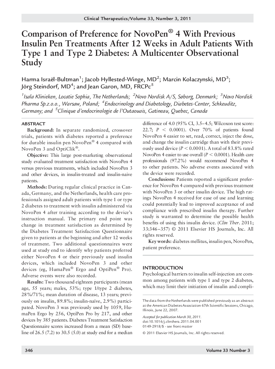 Comparison of Preference for NovoPen® 4 With Previous Insulin Pen Treatments After 12 Weeks in Adult Patients With Type 1 and Type 2 Diabetes: A Multicenter Observational Study 