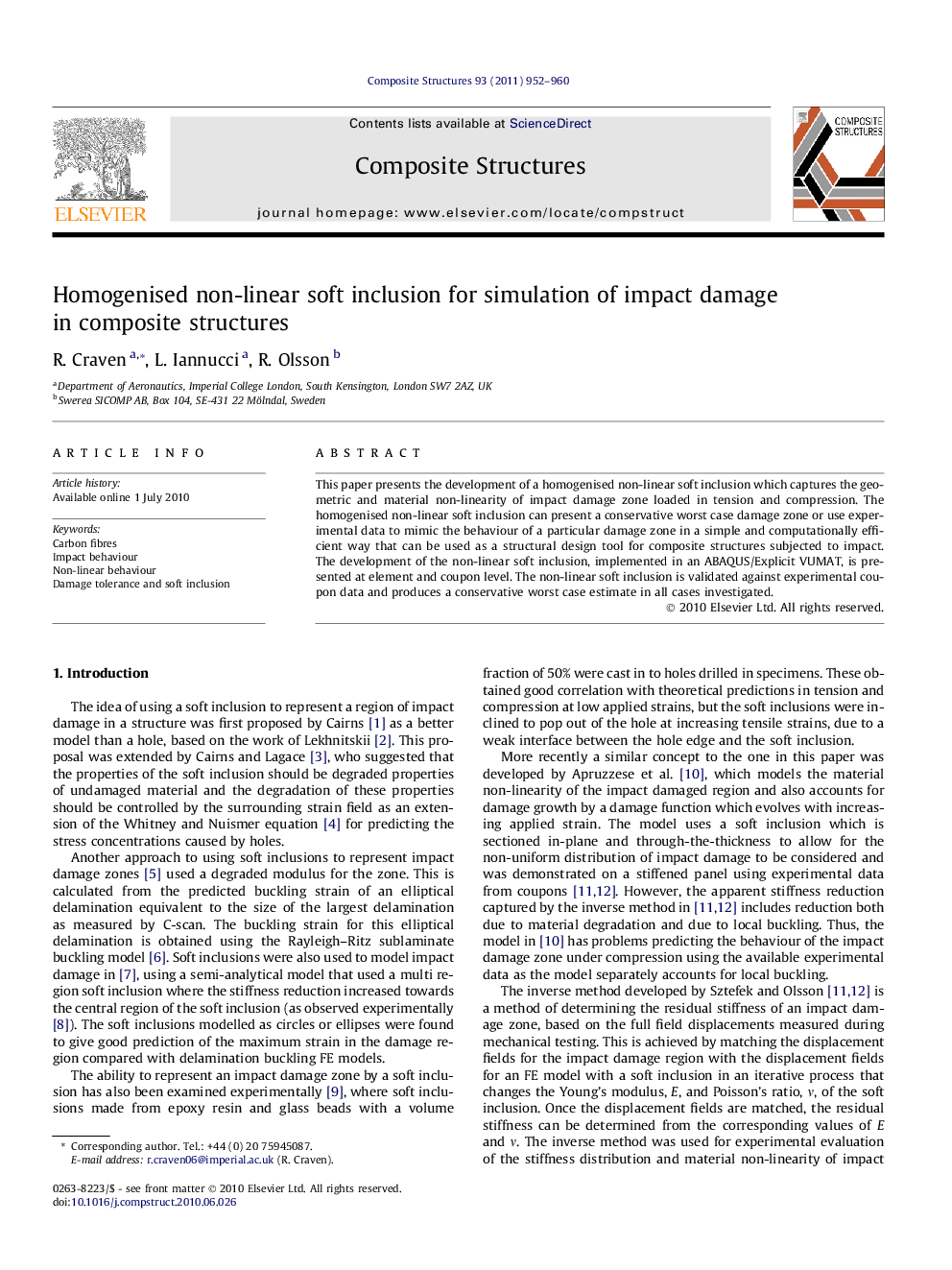 Homogenised non-linear soft inclusion for simulation of impact damage in composite structures