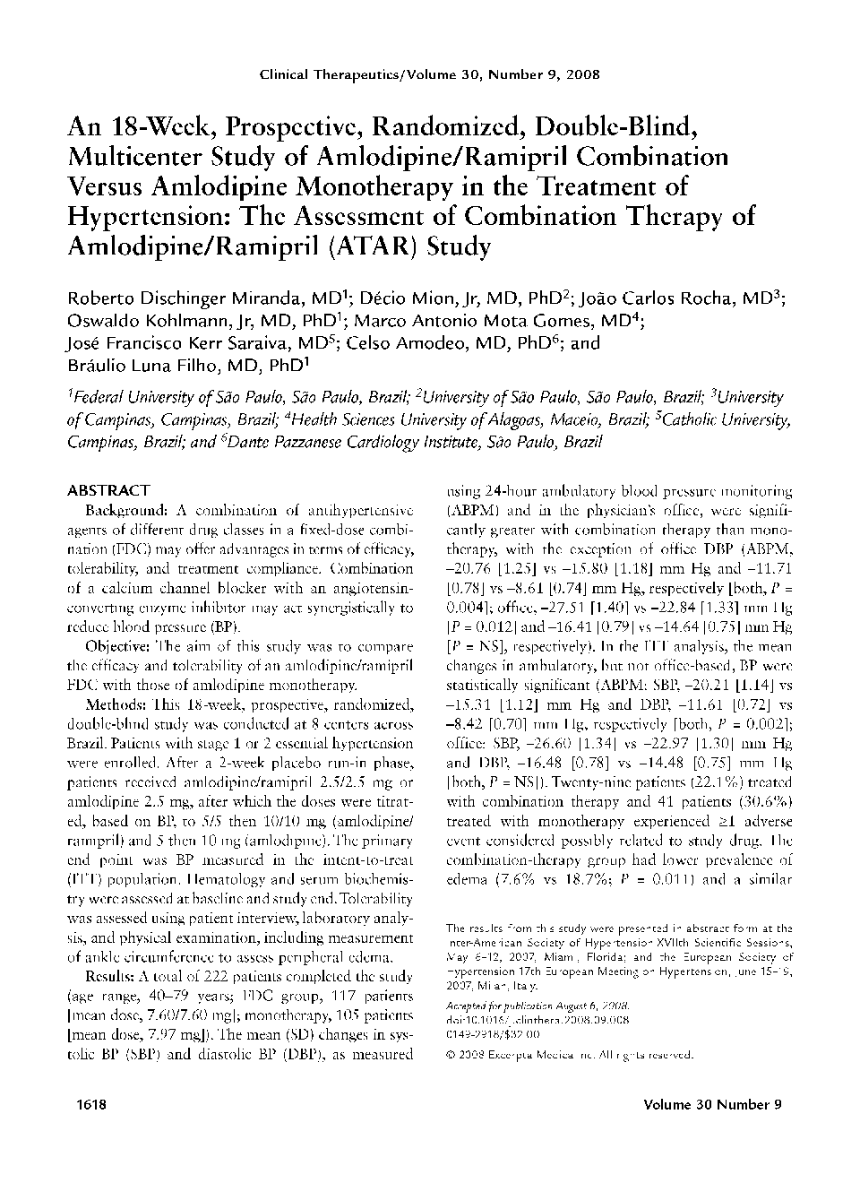 An 18-week, prospective, randomized, double-blind, multicenter study of amlodipine/ramipril combination versus amlodipine monotherapy in the treatment of hypertension: The assessment of combination therapy of amlodipine/ramipril (ATAR) study 