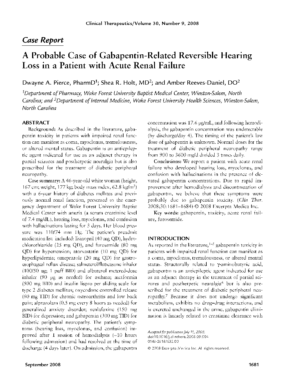 A probable case of gabapentin-related reversible hearing loss in a patient with acute renal failure