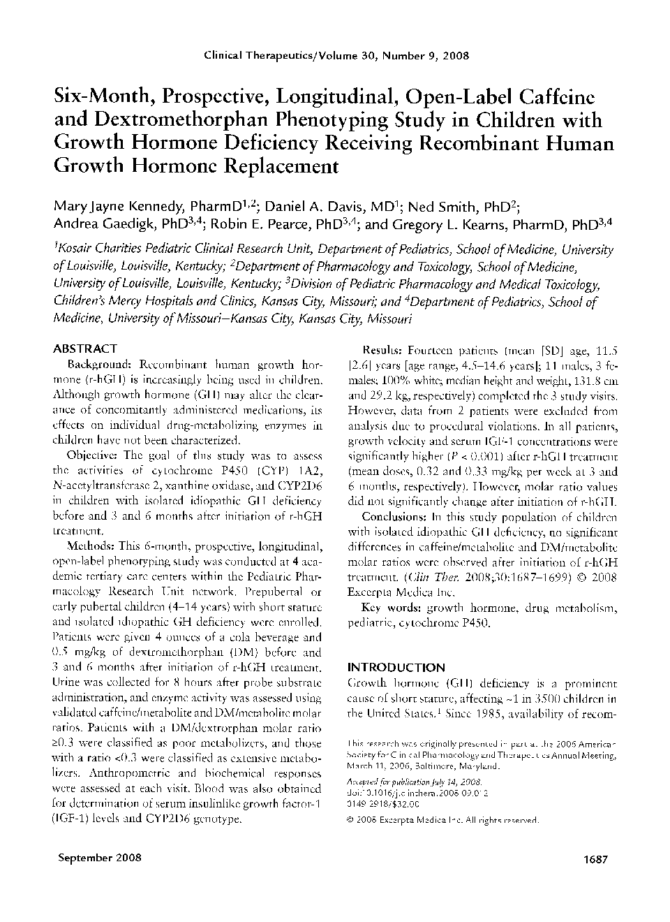 Six-month, prospective, longitudinal, open-Label caffeine and dextromethorphan phenotyping study in children with growth hormone deficiency receiving recombinant human growth hormone replacement 
