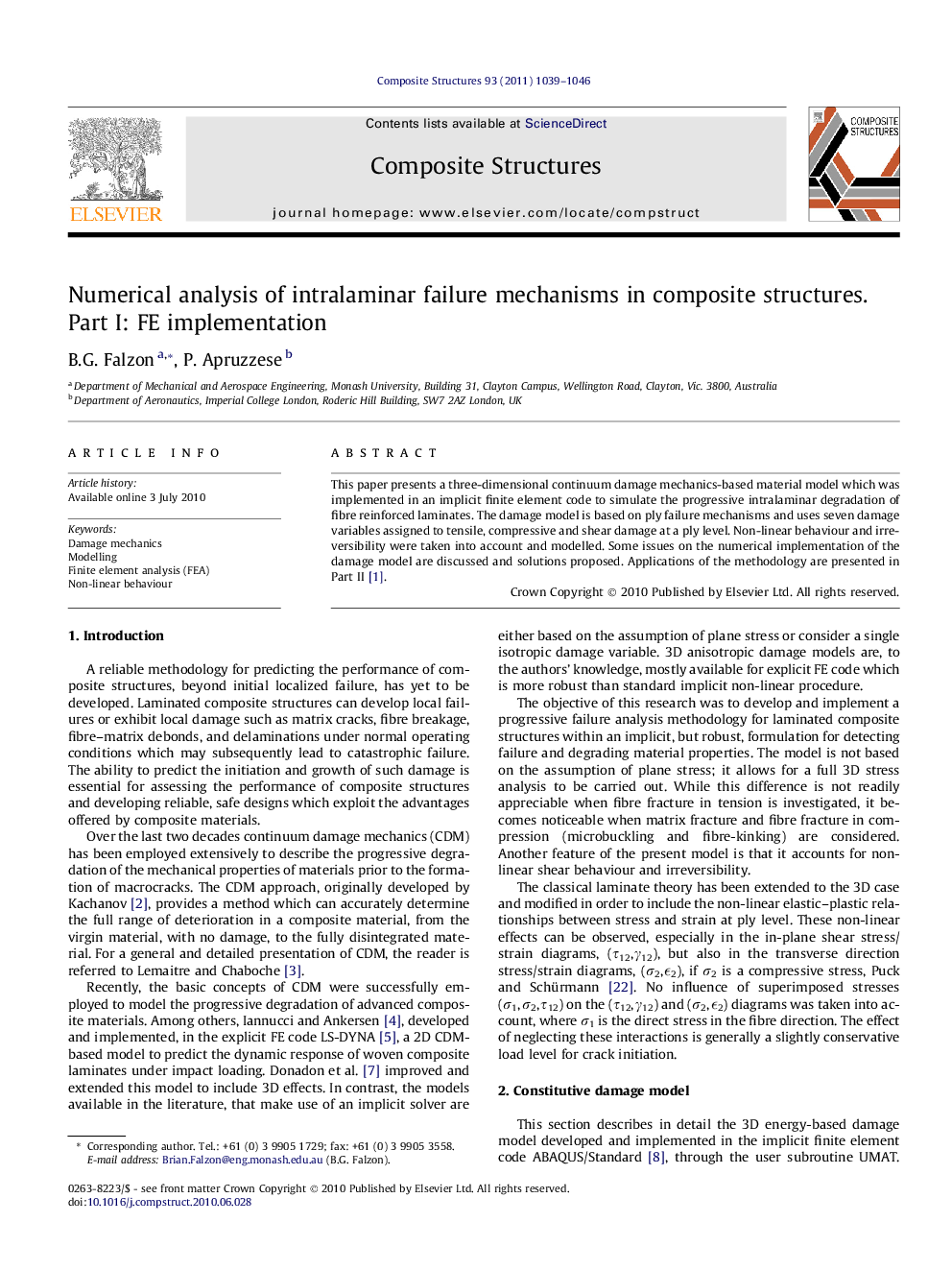 Numerical analysis of intralaminar failure mechanisms in composite structures. Part I: FE implementation