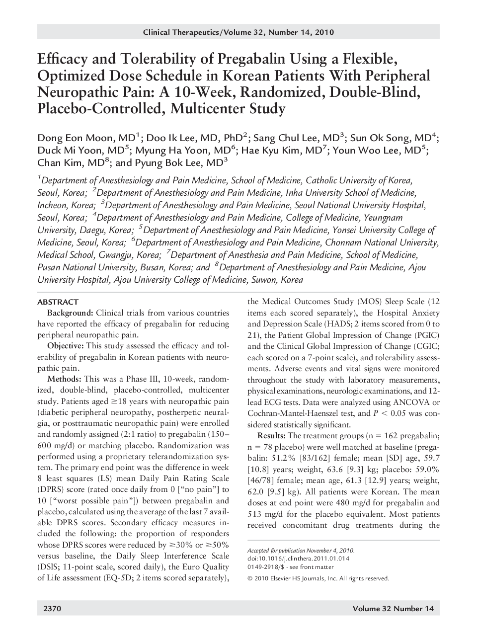 Efficacy and Tolerability of Pregabalin Using a Flexible, Optimized Dose Schedule in Korean Patients With Peripheral Neuropathic Pain: A 10-Week, Randomized, Double-Blind, Placebo-Controlled, Multicenter Study