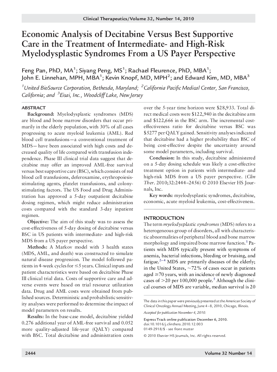 Economic Analysis of Decitabine Versus Best Supportive Care in the Treatment of Intermediate- and High-Risk Myelodysplastic Syndromes From a US Payer Perspective 