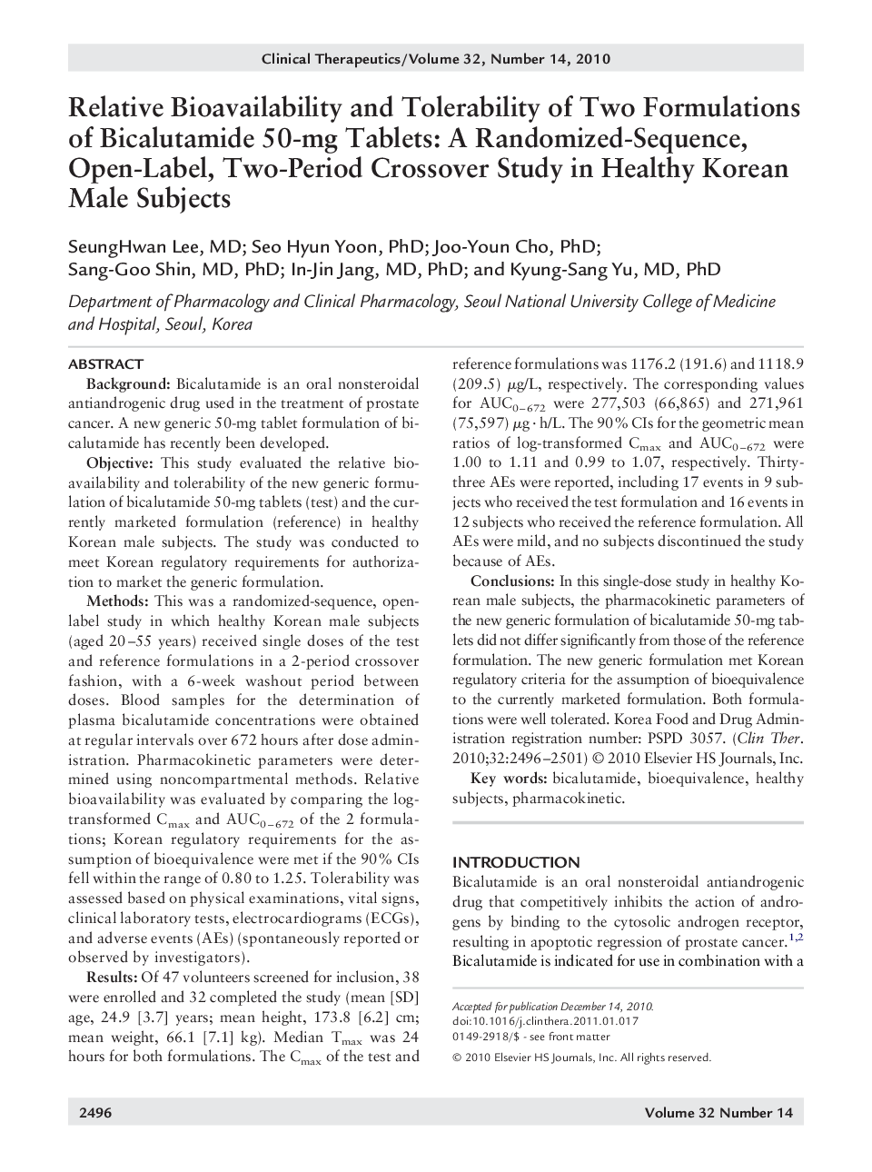 Relative Bioavailability and Tolerability of Two Formulations of Bicalutamide 50-mg Tablets: A Randomized-Sequence, Open-Label, Two-Period Crossover Study in Healthy Korean Male Subjects