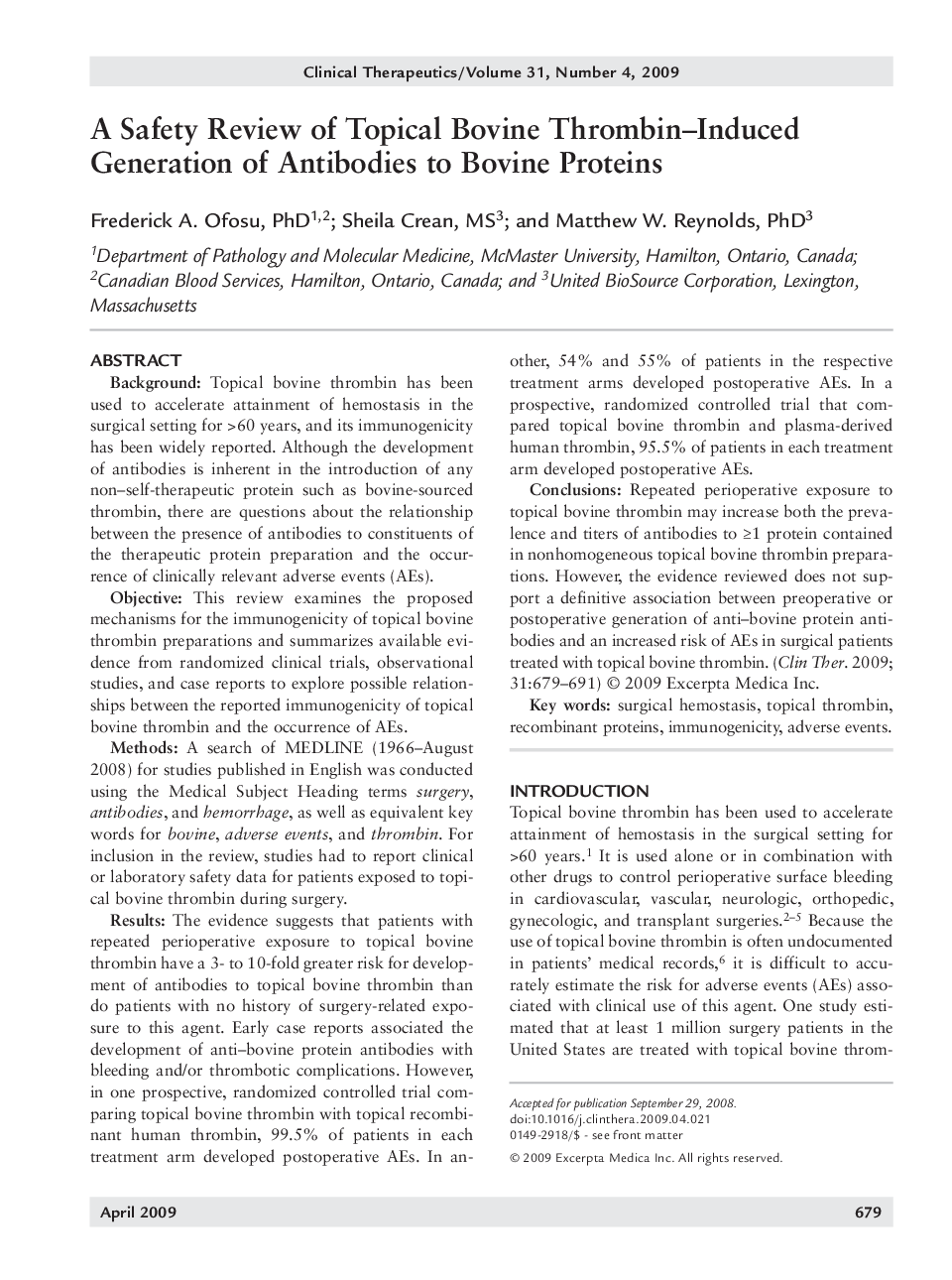 A safety review of topical bovine thrombin-induced generation of antibodies to bovine proteins