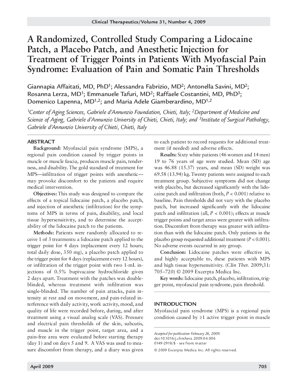 A randomized, controlled study comparing a lidocaine patch, a placebo patch, and anesthetic injection for treatment of trigger points in patients with myofascial pain syndrome: Evaluation of pain and somatic pain thresholds
