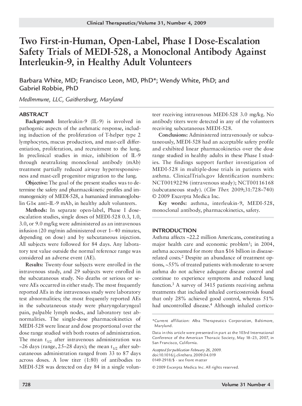 Two first-in-human, open-label, phase I dose-escalation safety trials of MEDI-528, a monoclonal antibody against interleukin-9, in healthy adult volunteers